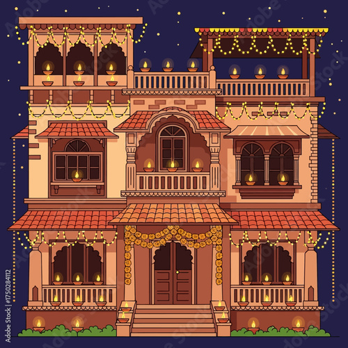 A beautifully decorated Indian house illuminated with diyas and string lights for a festival.