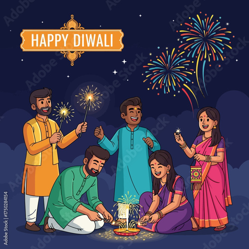 A happy Indian family celebrating the festival of Diwali at night with fireworks, sparklers, and traditional lights.