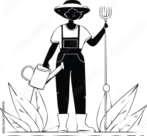 Black and white illustration of a farmer or gardener in a hat and overalls, holding a watering can and a pitchfork, standing among plants.