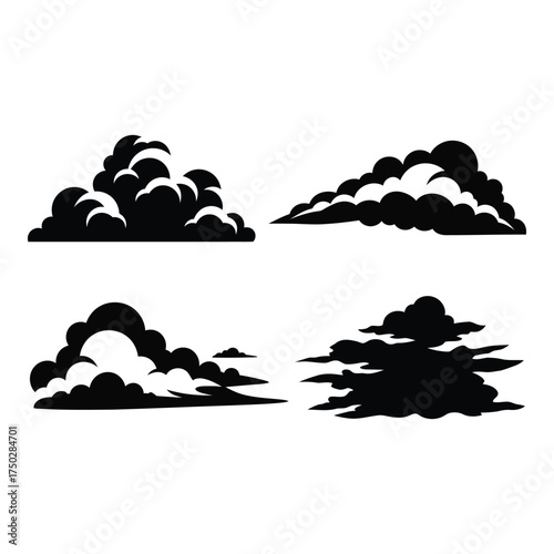 Dynamic cloud silhouettes collection set of four distinct atmospheric weather formations in black and white silhouette