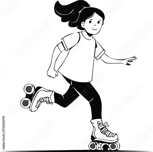 A black and white line drawing of a young girl roller skating, actively moving forward with a happy expression.