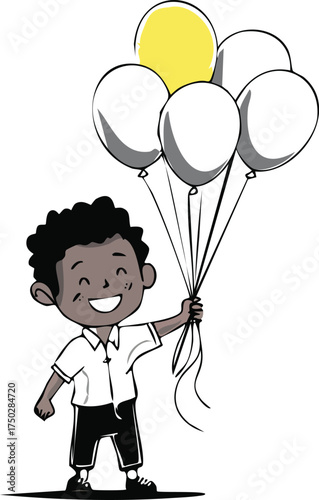 A happy cartoon boy with dark skin and curly hair, smiling brightly while holding a bunch of six balloons, one yellow and five white, against a clean white background.