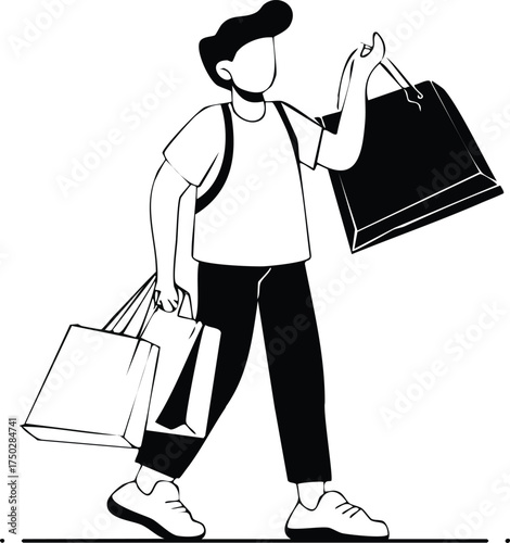 Monochrome illustration of a person walking and carrying multiple shopping bags after a successful shopping trip.