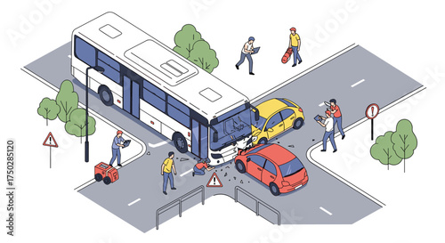 A graphic representation of a road traffic accident at an intersection involving a bus and two cars.