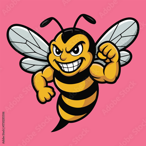Aggressive Muscular Cartoon Bee Mascot Showing Biceps - Vector Illustration