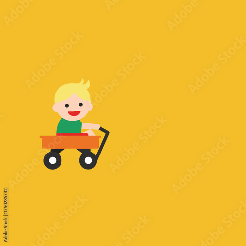 A simple, flat cartoon of a child with blond hair pulling an orange wagon