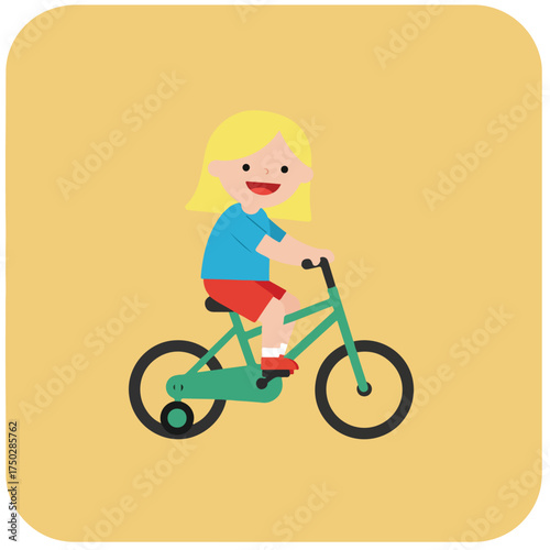 A cheerful child with blonde hair rides a green bicycle