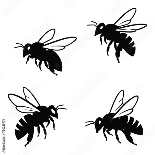 Four silhouetted honey bees in flight isolated on a white canvas dynamic poses capturing insect artistry nature's pollinators silhouette