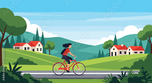 A woman enjoys a scenic bike ride through a picturesque countryside landscape with rolling hills and charming houses.