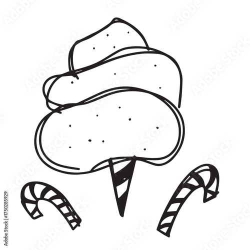 black and white line drawing of a cotton candy with two candy canes on either side. cute and sweet candy doodle. cotton candy hand drawing