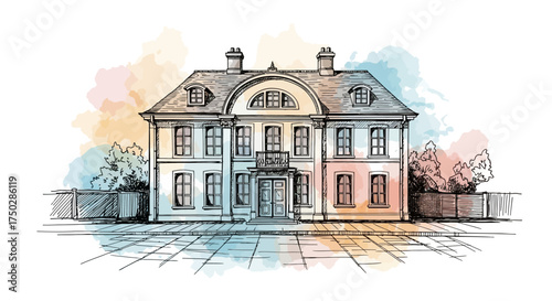 Watercolor illustration of a classic two-story mansion with a mansard roof and decorative facade, showcasing architectural elegance and historical charm