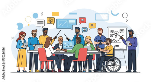 Diverse and inclusive business team collaborating in a modern office meeting, discussing strategy and brainstorming new ideas