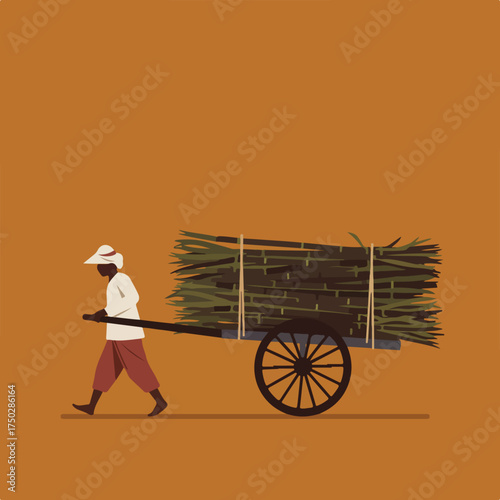 Man pushing cart loaded with sugarcane stalks on a flat, ochre background
