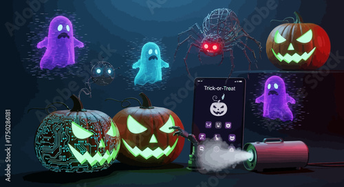 Halloween Decorations Spooky Pumpkins, Ghosts, and Spider with a Fog Machine