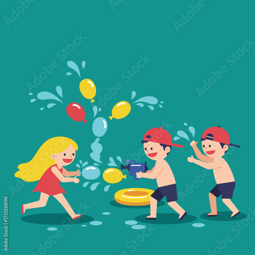 Children playing with water guns and balloons