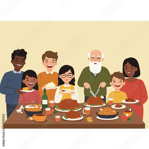 A happy, multi-ethnic family gathers around a festive table laden with food, celebrating together
