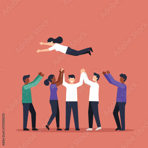 Team supports one flying individual in abstract, vibrant graphic