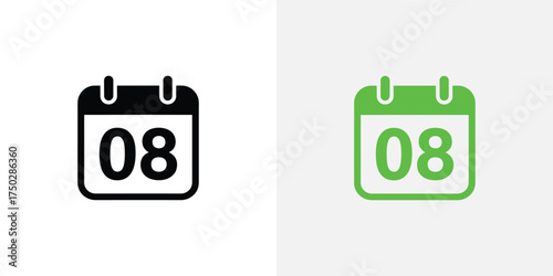 Black and Green Calendar Icons Displaying the Number 08 Illustrating Dates and Schedules