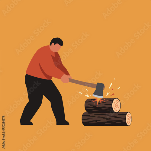Person chopping logs with an axe, wood chips flying
