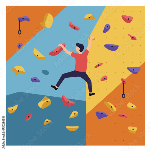 A person climbs a vibrant indoor climbing wall with colorful holds