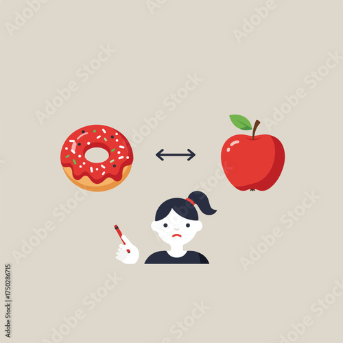 Cartoon person choosing between unhealthy donut and healthy apple