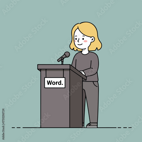 Person speaks at a podium with "Word." displayed