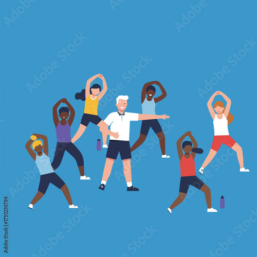 Diverse group of people exercising together with a trainer