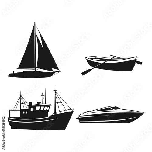 Collection of nautical vessels featuring sailboat fishing boat rowboat and speedboat silhouettes silhouette