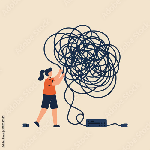 A person tangles with a complex network of dark blue wires connected to a device