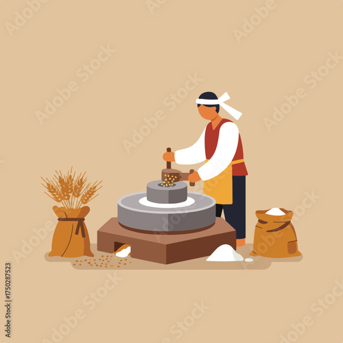 Person uses mill to grind grain, producing flour bags and wheat
