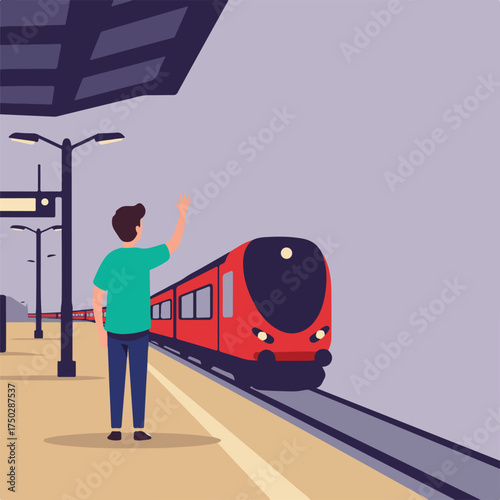 A person waving goodbye to a departing train at a station