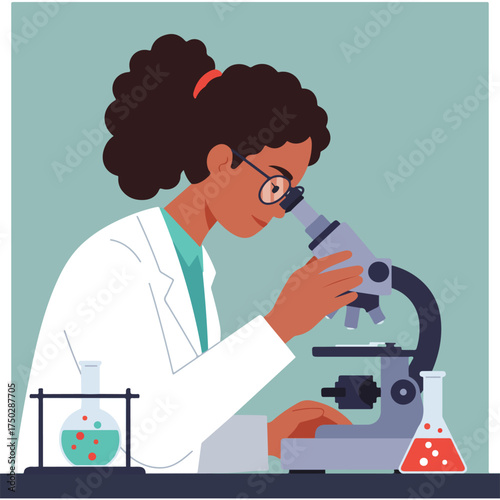 Person in lab coat with glasses examining specimen under microscope