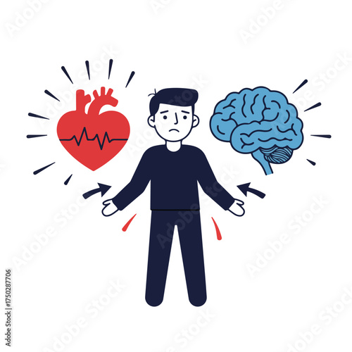 Stressed person with brain and heart icons, symbolizing mental and physical health issues