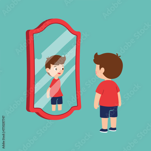 A boy looks at his reflection in a red-framed mirror