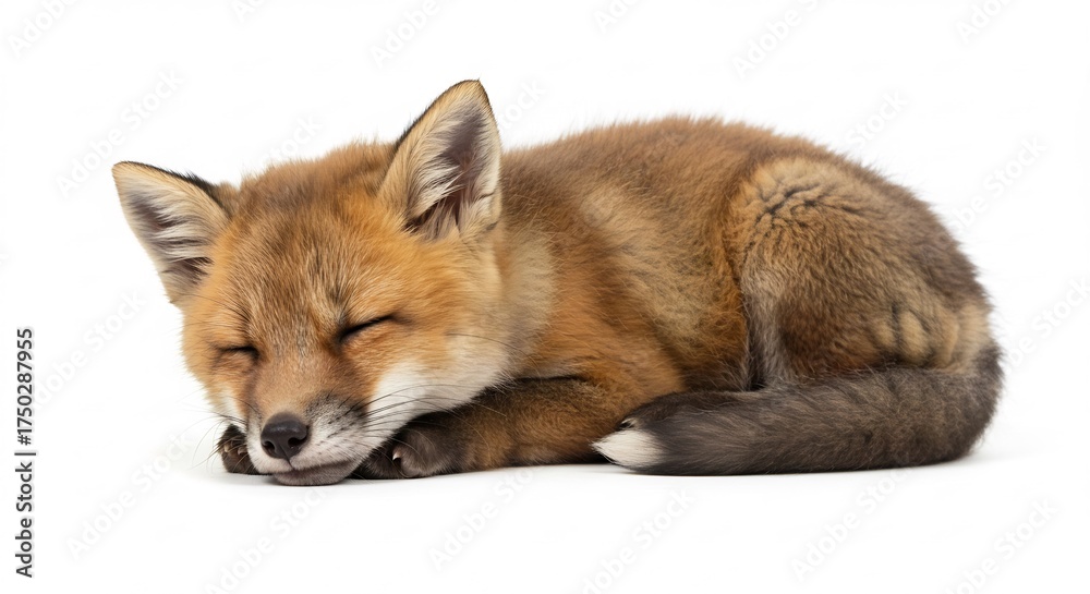 Fototapeta premium Sleepy adorable fluffy red fox kit peacefully dreams curled on a pristine white background under brilliant studio lighting. AI Generated