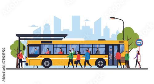 People are waiting to board a yellow city bus at a bus stop with trees and buildings in the background.