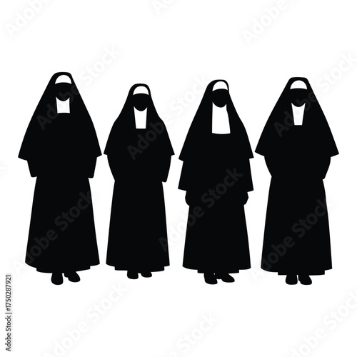 Four nuns silhouettes standing together religious figures in traditional habit faithful women serving community sacred devotion silhouette