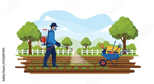 Farmer spraying crops with pesticides in a field during the daytime.