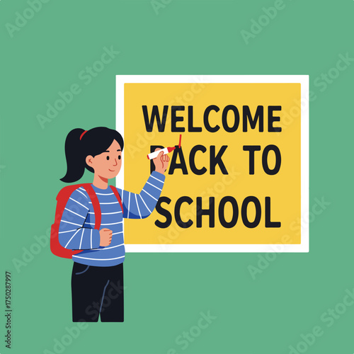 Girl with backpack writing "WELCOME BACK TO SCHOOL" on yellow board