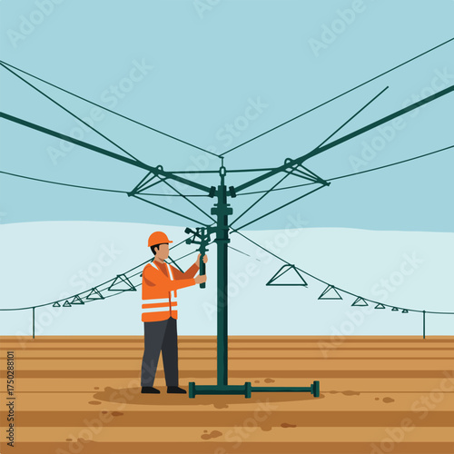 Worker in safety gear works on electrical power lines and utility pole