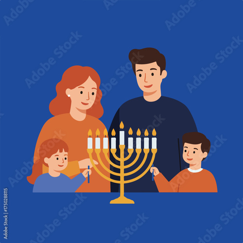 Family lights menorah on blue background