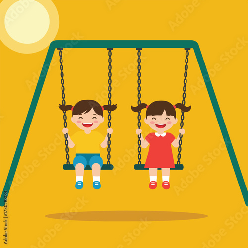 Two smiling children joyfully swing on a playground under a bright sun