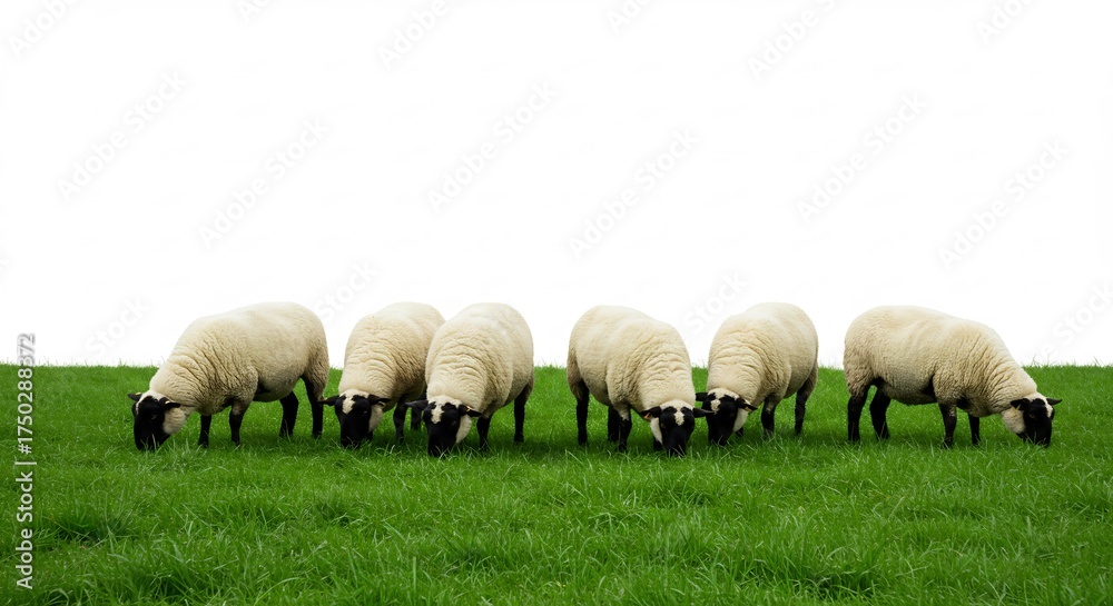 Fototapeta premium Brightly lit six fluffy sheep grazing on lush green grass with a clean isolated white background. AI Generated