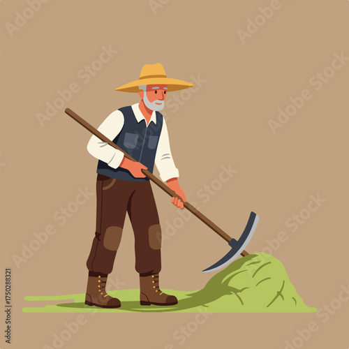 Elderly farmer with straw hat and tool rakes grassy mound