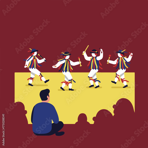 A seated viewer watches dancers in colorful traditional attire perform on a stage