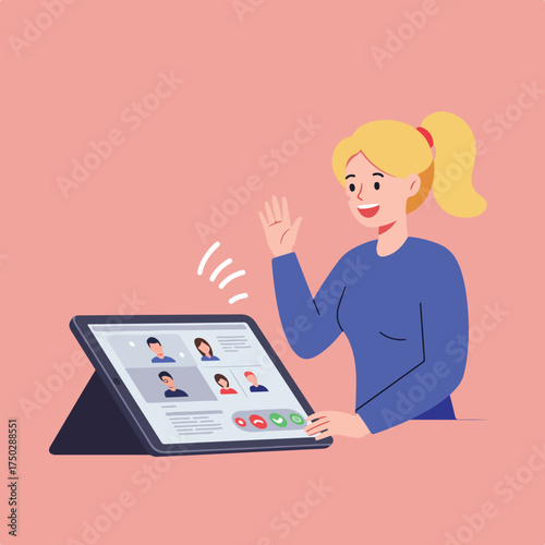 Woman waves hello on a video call with multiple participants