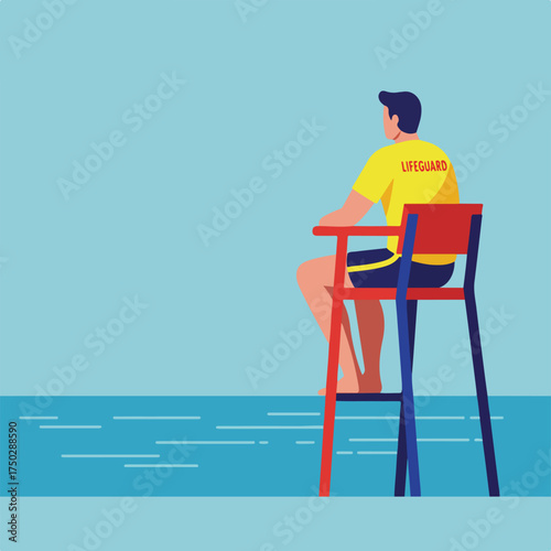 Person in yellow "Lifeguard" shirt sits on high chair above pool