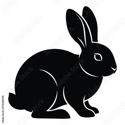 Silhouetted black rabbit sitting alertly its ears pointed upward a simple and iconic animal representation ideal for design silhouette