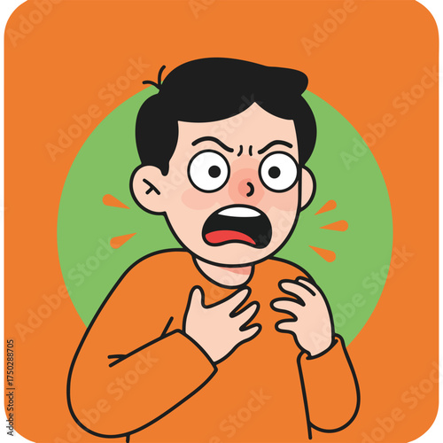 Cartoon boy with flushed cheeks, wide eyes, open mouth, and hands on chest, expressing distress