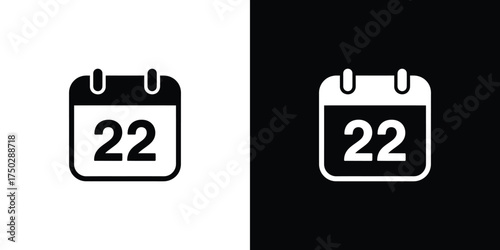 Calendar Day Twenty Two Icon in Black and White Date Reminder Symbol